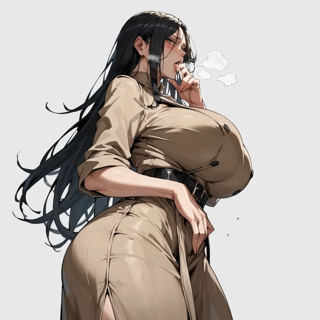 solo,side view,low angle,in heat,hand between legs,hand to own mouth,standing,curvy,trench dress,huge breasts,black long hair,simple background,