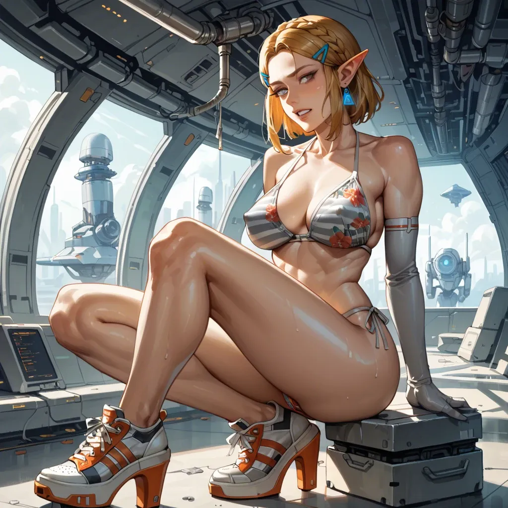 1girl,solo, , , , grit the teeth,platform heels,erect nipples,babe,wrists, grey shirt,striped,long gloves,floral bikini,sneakers, bare shoulders, spaceship, robot girl, zelda, waifu, naked