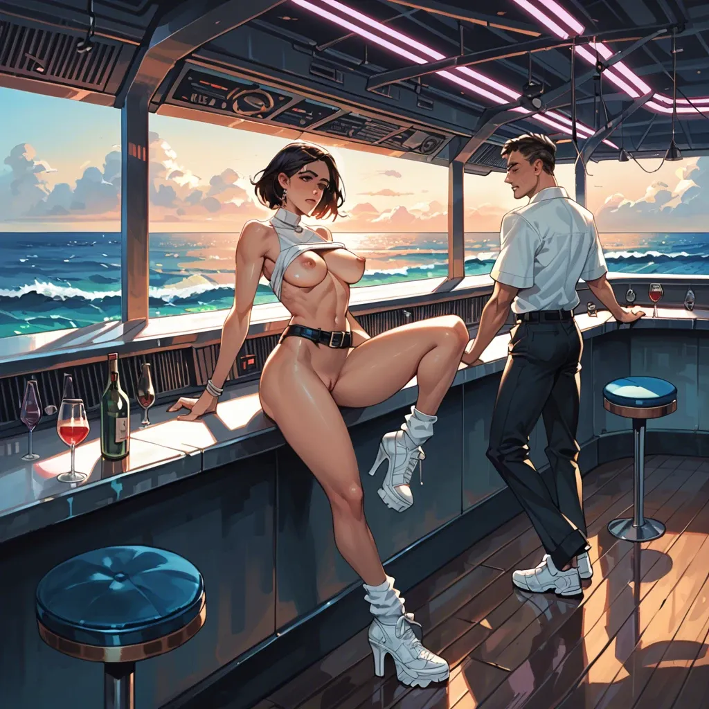 1girl,1boy, , , , bubble in nose,high heels,big perky boobs,boob window,shoulders, blouse,baggy socks,black belt,bikini top lift,white sneakers, nightclub, ocean, spaceship, smartwatch, tifa lockhart, spider-gwen