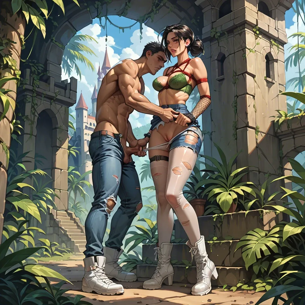 1girl,1boy, , , , thin nose,shiny hair,perky big tits,bent at waist,wrist cuffs, torn jeans,pantyhose pull,fishnet gloves,bra lift,white boots, shibari, brazil jungle, castle exterior, huge dildo, lara croft, ariel waifu