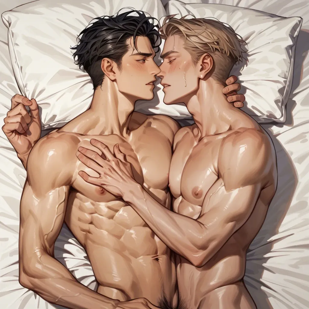 2boys,,, loving embrace, laying in bed, holding each other, one male slender, one male more muscular, older men, cheekbones, slender heads, love, naked,