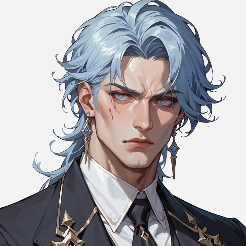 1 boy, solo,,, bust portrait, cheekbones, staring down at camera, neutral expression, older man, elegant, facing forward, slender face, dottore genshin impact, light blue hair