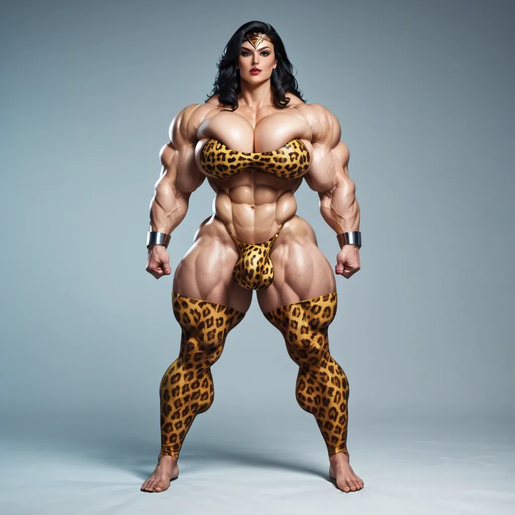 wonder woman futa cock bulge, Massive bodybuilding female, massive muscular trapèze, massive muscular épaule, massive musclar biceps, nude , muscle abdos, hyper muscular legs, Leopard Print Stockings