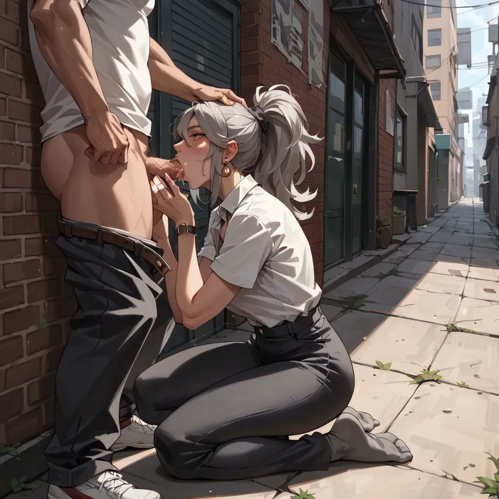 Paid homeless girl with Grey hair and gray underwear Grey socks black pants blowjob alleyway