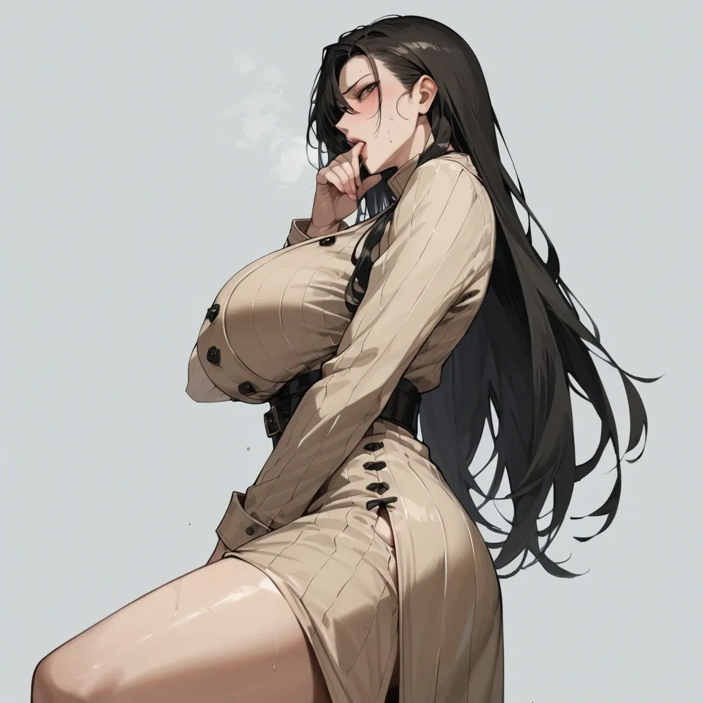 solo,side view,low angle,canted angle,dutch angle,in heat,hand between legs,hand to own mouth,asymmetrical hair,standing,curvy,long sleeves  trench dress,huge breasts,black long hair,simple background,