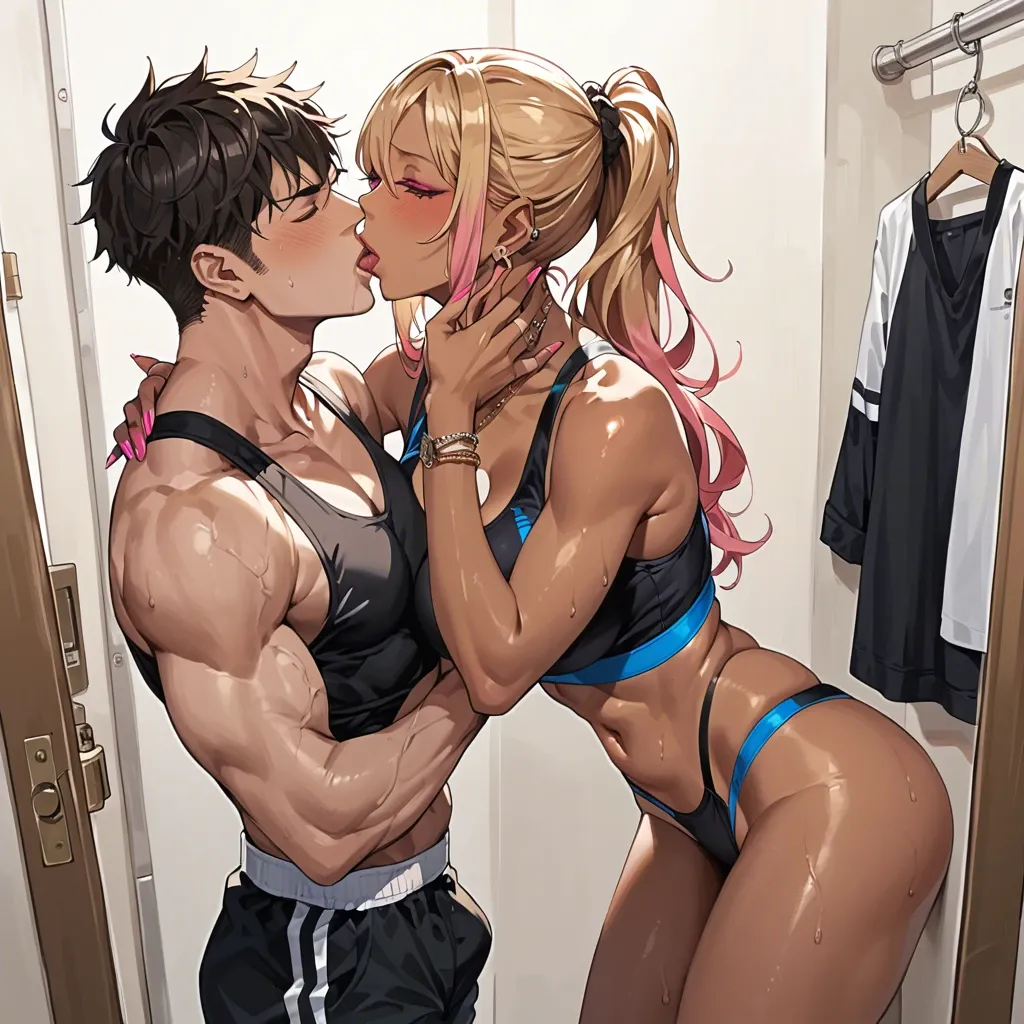 1boy,gyaru,black sports bra,sports thong,fitting room, petting, kiss