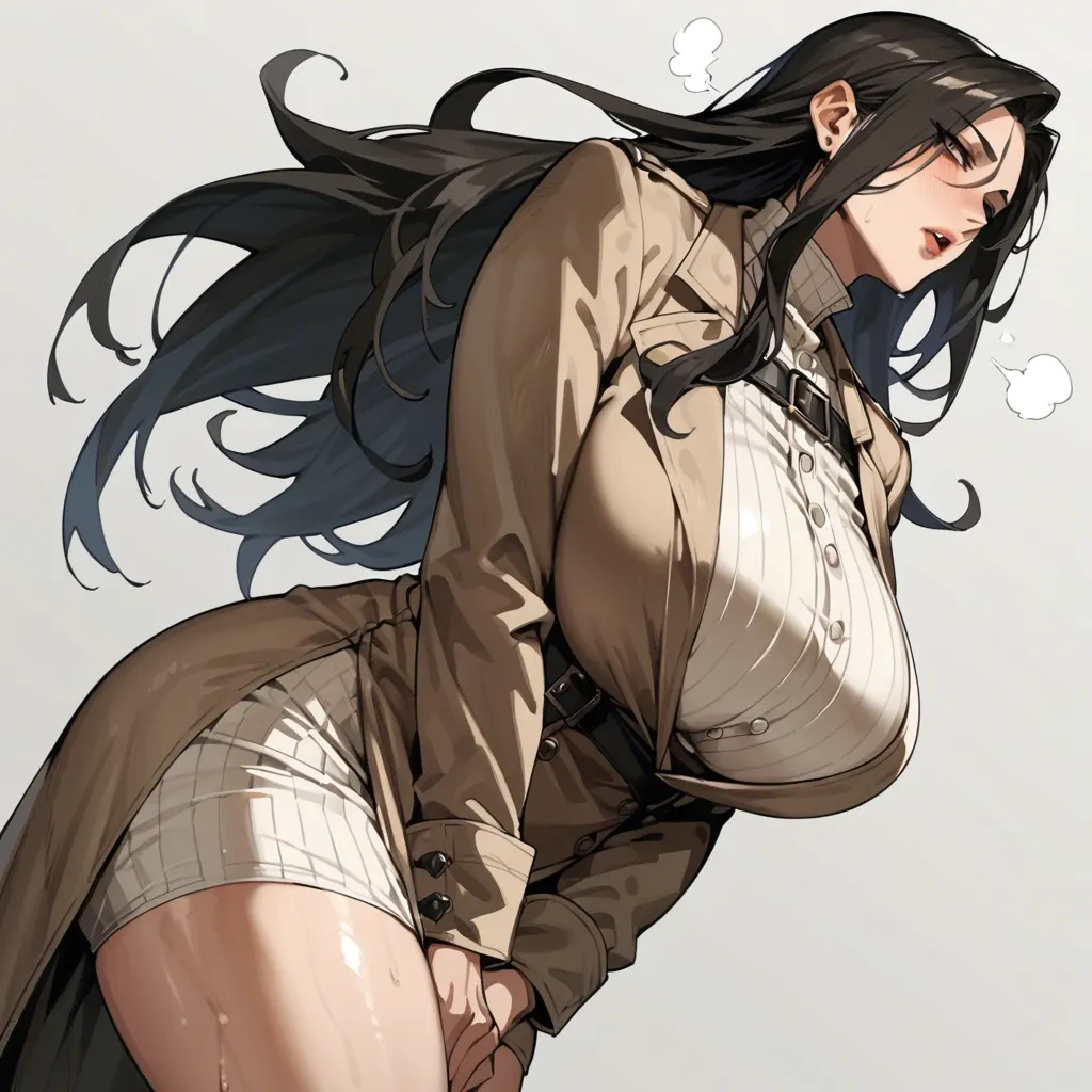 solo,canted angle,dutch angle,in heat,hand between legs,hand to own lips,asymmetrical hair,standing,curvy,long sleeves  trench dress,huge breasts,black long hair,simple background,