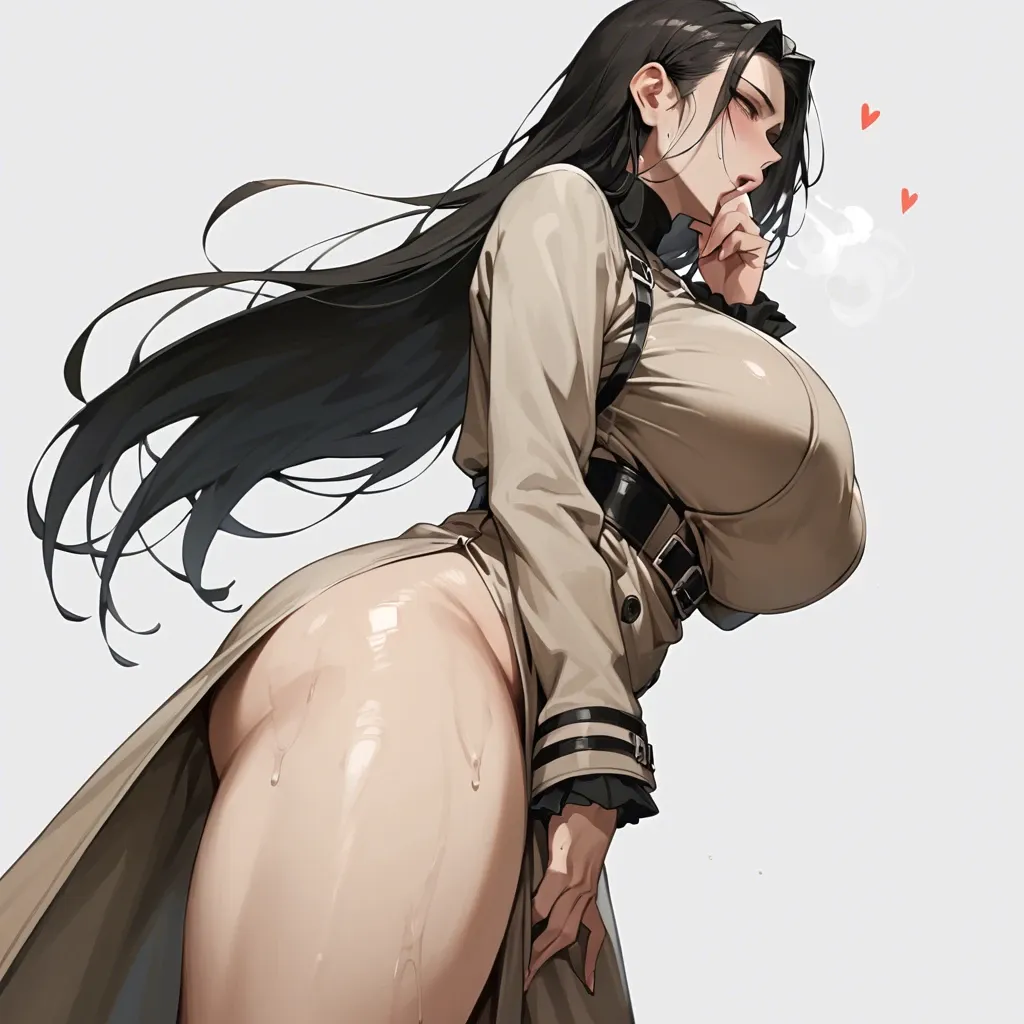 solo,side view,low angle,canted angle,dutch angle,in heat,hand between legs,hand to own mouth,asymmetrical hair,standing,curvy,long sleeves  trench dress,huge breasts,black long hair,simple background,