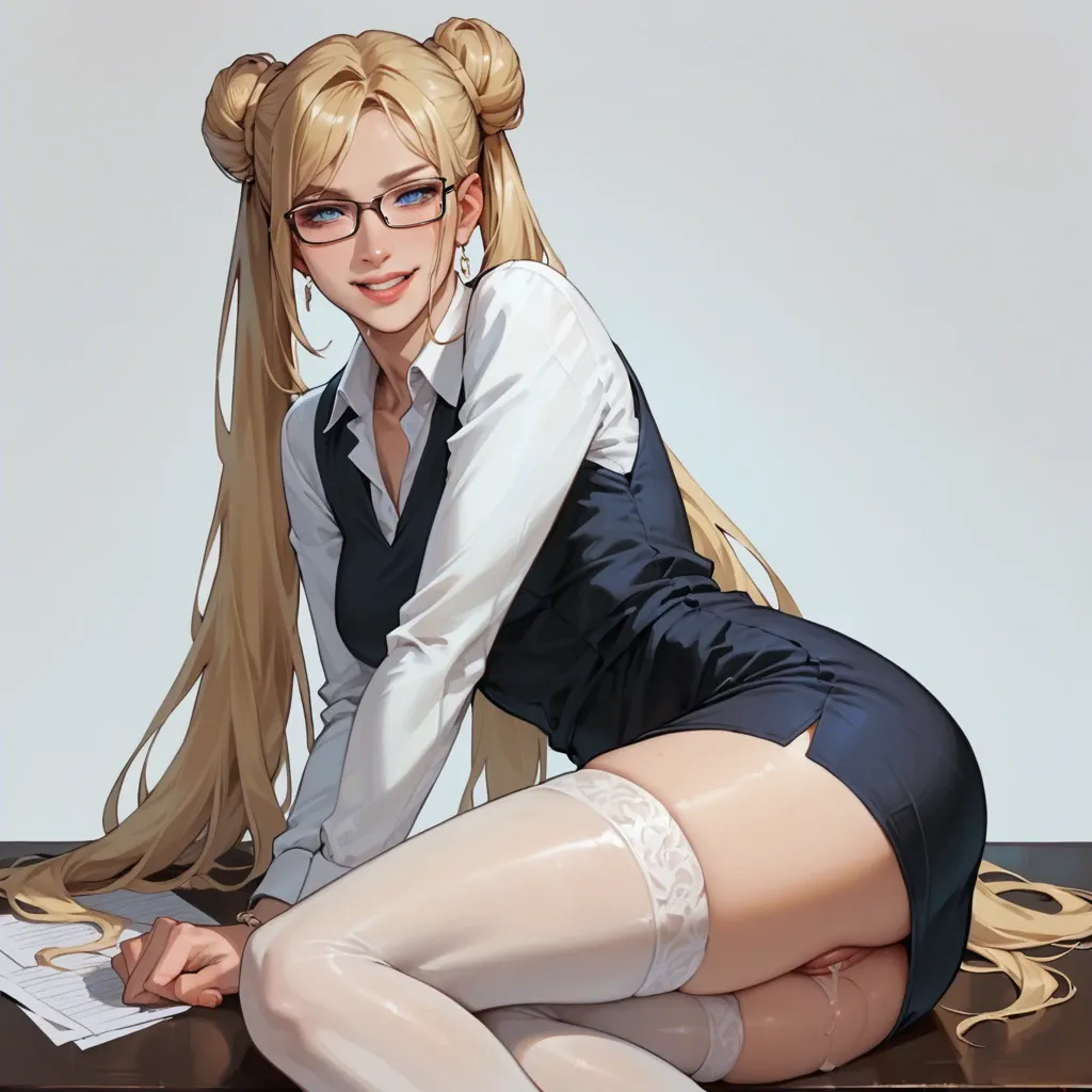 1girl, smile, long hair, blue eyes,glasses, blonde hair,, twintails, very long hair,, lips, double bun,secretary dress,white high stockings