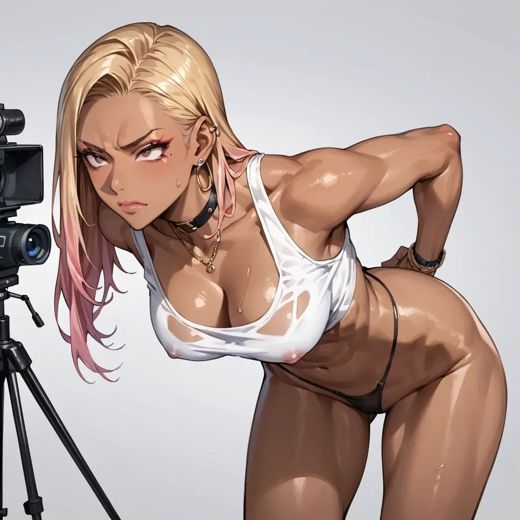 1 boy,gyaru,black thong,skinny, casting studio,white top,stretching,serious face, hands behind back, bent over,oilde bo