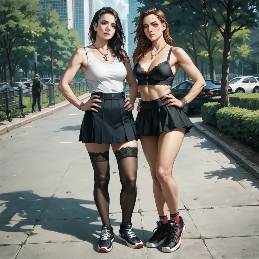 2girl, , , , asymmetry eyes,armpit fetish,huge boobs,hands on hips,anchor necklace, underskirt,lace stockings,beaded jewelry,lace panties,black sneakers, park, cyberpunk, photorealistic, bright day, spider-gwen, ariel waifu