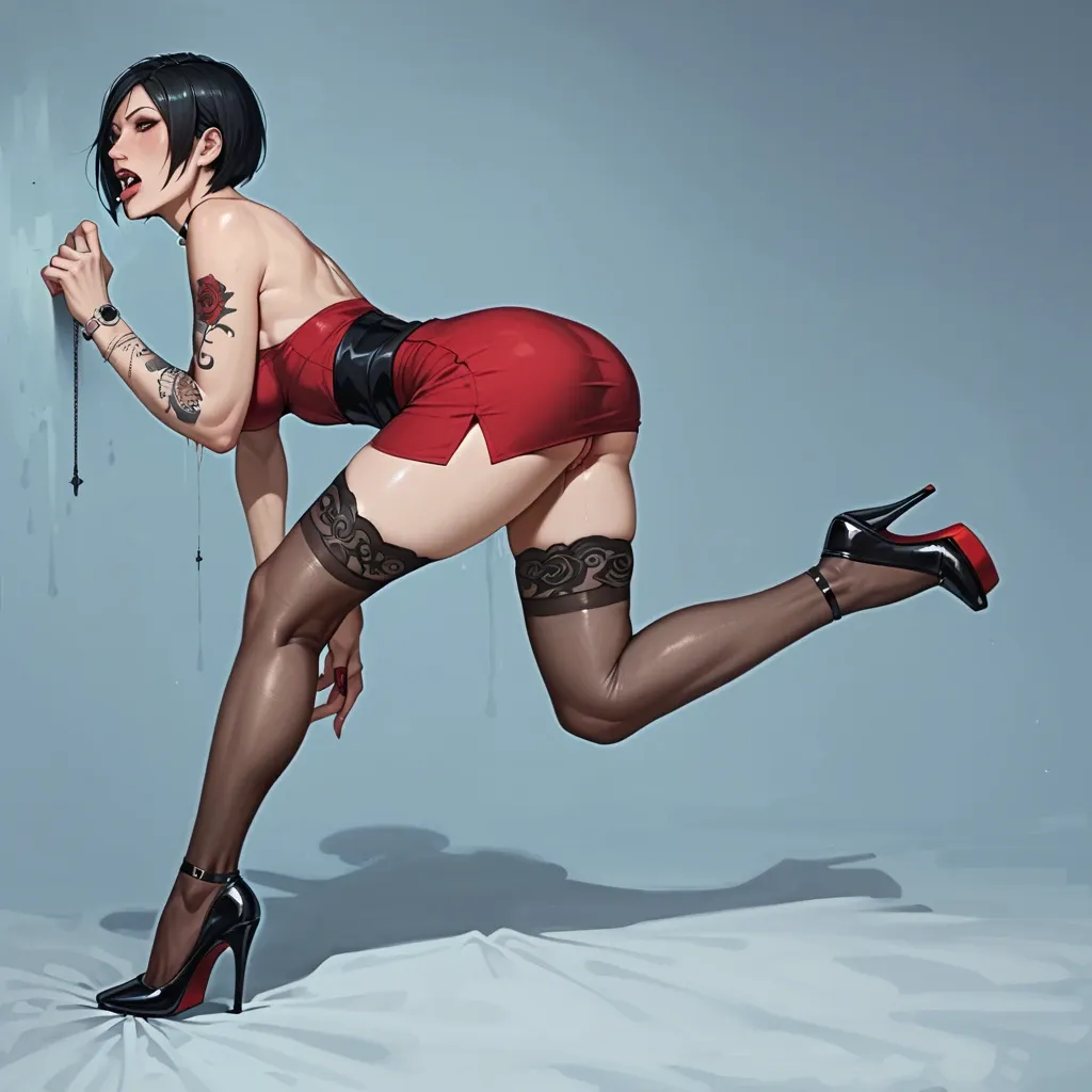 Dark night room background. Ada Wong with horns, fangs and tattooed covered body. Ada Wong wearing in skirt, stocking and heels.  Full profile.