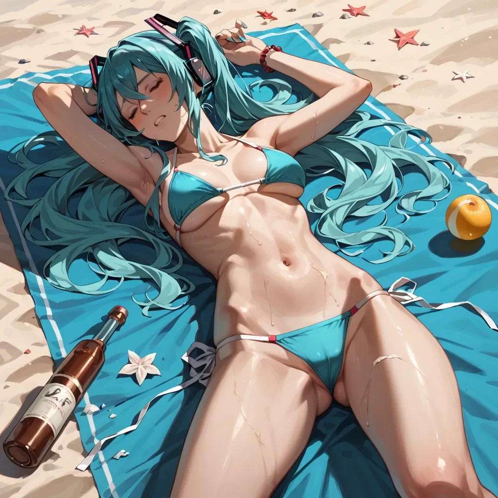 Sleeping miku hatsune bikini beach