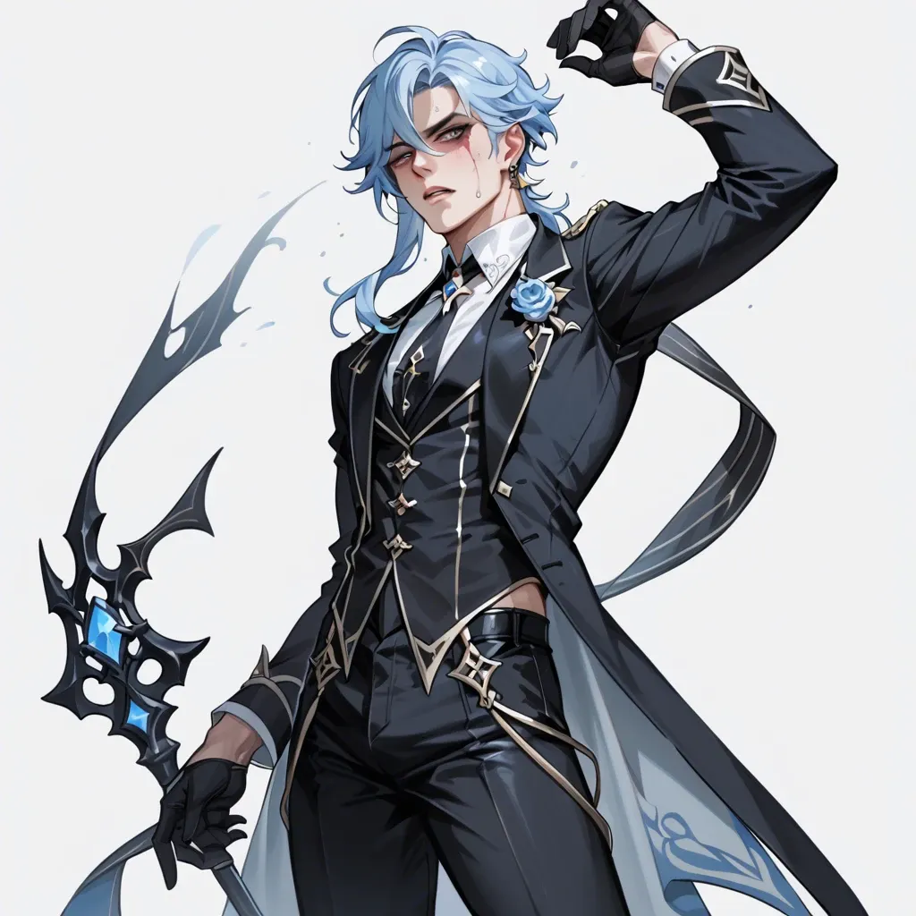 1boy, solo,,, dottore genshin impact, light blue hair, standing pose, elegant suit, gothic suit, left eye blind and scarred