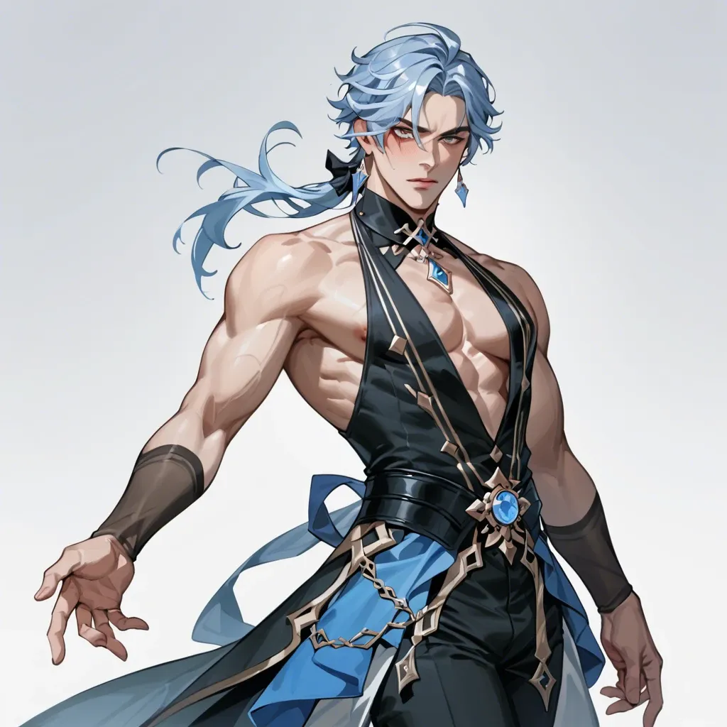 1boy, solo,,, dottore genshin impact, light blue hair, standing pose, elegant clothes, left eye blind and scarred