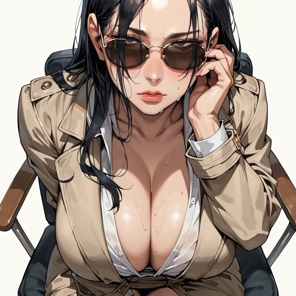 solo,front view,looking down,high angle,blush,close up,face focus,sitting on chair,hand on own cheek,leaning forward,cleavage,sunglasses,breast focus,curvy,trench coat,huge breasts,black long hair,simple background,