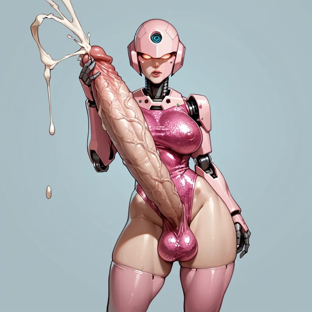 Robot, huge boobs, pink glitter leotard, covered in cum, huge cock, fat cock, futanari, holding cock, school