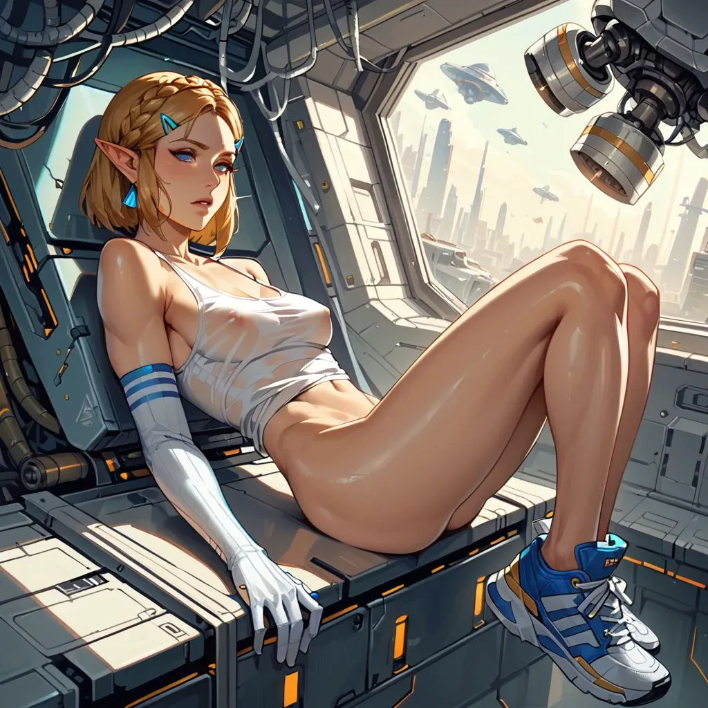 shirt, striped, long gloves,sneakers, bare shoulders, spaceship, robot girl, zelda, waifu, naked