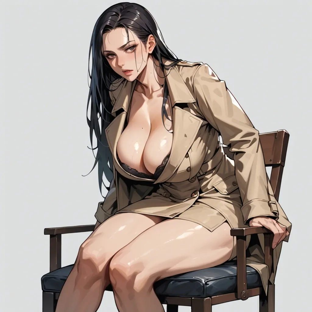 solo,looking side,sitting on chair,leaning forward,cleavage,breast focus,curvy,trench coat,huge breasts,black long hair,simple background,