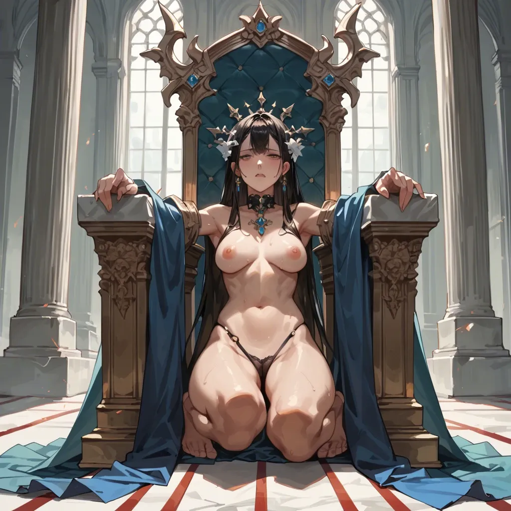 Anime girl kneeling to the woman because she wants to become her slave(girl is in underwear and woman is naked on her throne)