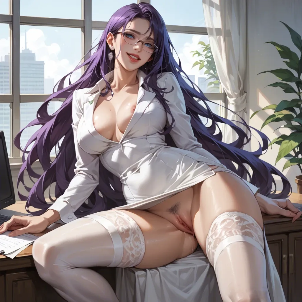 1girl, smile, long hair, blue eyes,glasses, purple hair,, sayaka yumi , very long hair,, lips,secretary dress,white high stockings