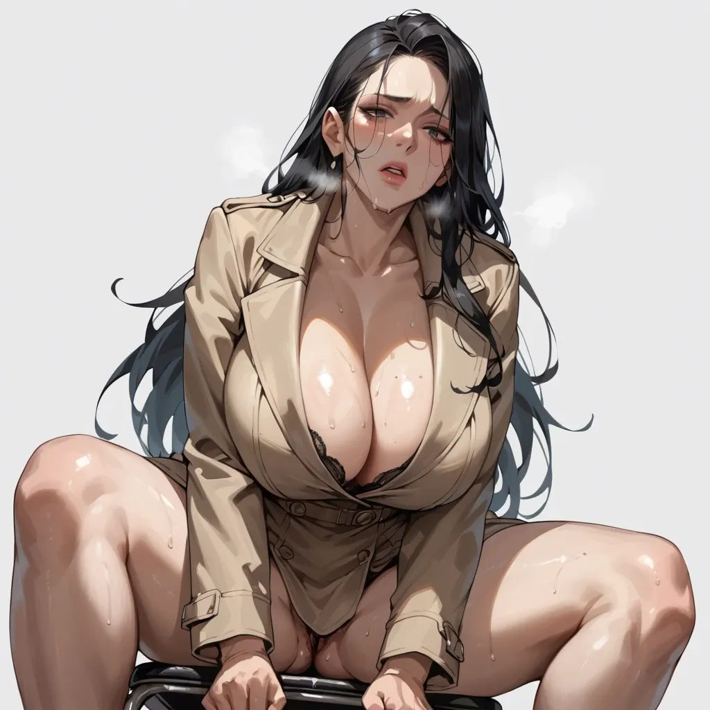 solo,front view,low angle,in heat,sitting on chair,hand between legs,leaning forward,cleavage,breast focus,curvy,trench coat,huge breasts,black long hair,simple background,