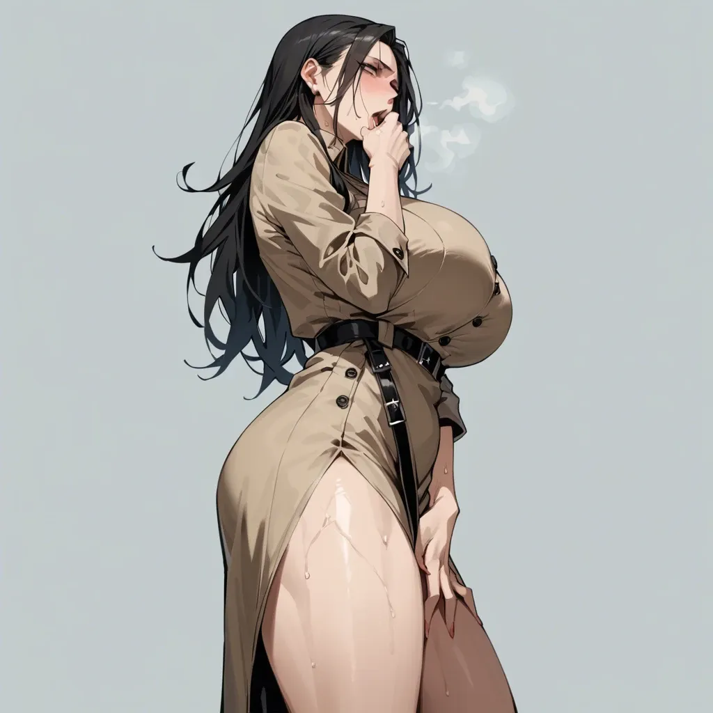 solo,side view,low angle,in heat,hand between legs,hand to own mouth,asymmetrical hair,standing,curvy,trench dress,huge breasts,black long hair,simple background,