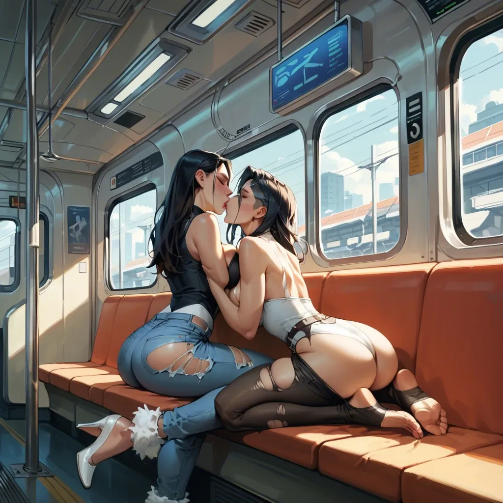 2girl, , , , dimples,leg warmers,round breasts,breast sucking,free shoulders, torn jeans,lace stockings,suspender belt,white leotard,stiletto heels, women bare feet, train, cyberpunk, semi-realistic, dark shadows, zelda