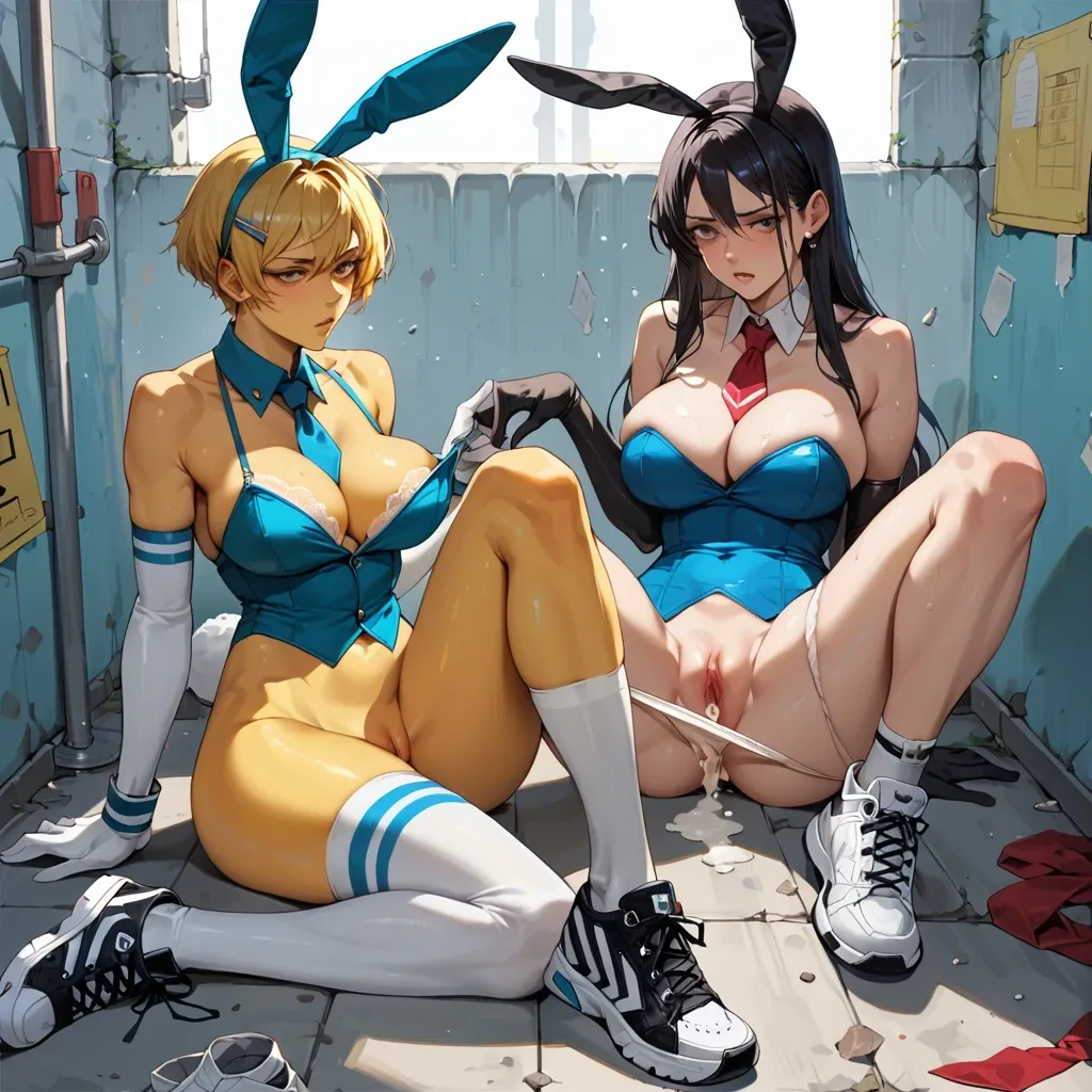 2girl, , , , irises,feet,large breast,background,yellow skin, bunny costume,striped clothes,tie clip,panties down,sneakers, blue shirt,thighhighs,long gloves,lace bra,black sneakers, tank top,white lace,bridal veil,bikini top lift,sneakers, bathtub, anime coloring, dark light, tifa