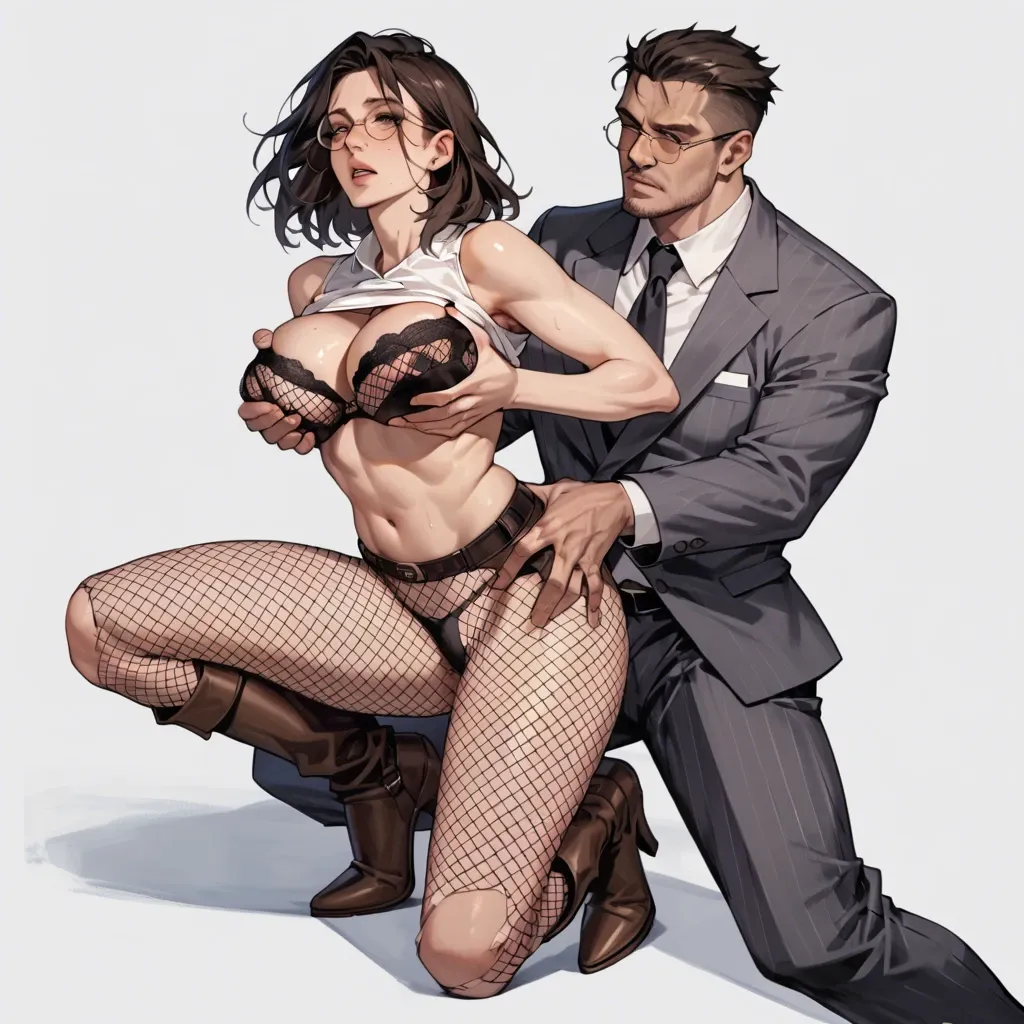 2girl, , , , facial freckles,armored boots,large breasts,grab breast,wide shoulders, formal shirt,fishnets,circle glasses,open torn bra,heels, baggy pants,tight fishnets,round glasses,bikini top lift,brown boots, palace bedroom, street fighter, cyberpunk, 2b