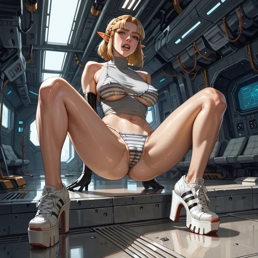 1girl,solo, , , , grit the teeth,platform heels,erect nipples,babe,wrists, grey shirt,striped,long gloves,floral bikini,sneakers, bare shoulders, spaceship, robot girl, zelda, waifu