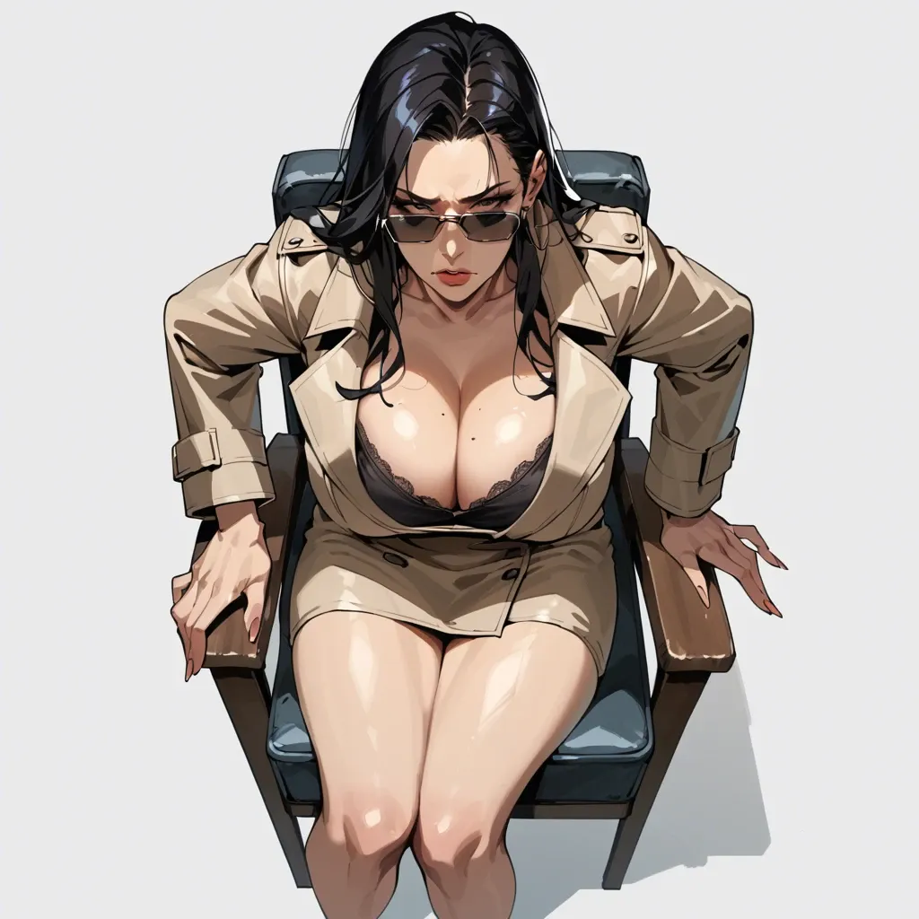 solo,looking side,high angle,sitting on chair,leaning forward,cleavage,sunglasses,breast focus,curvy,trench coat,huge breasts,black long hair,simple background,