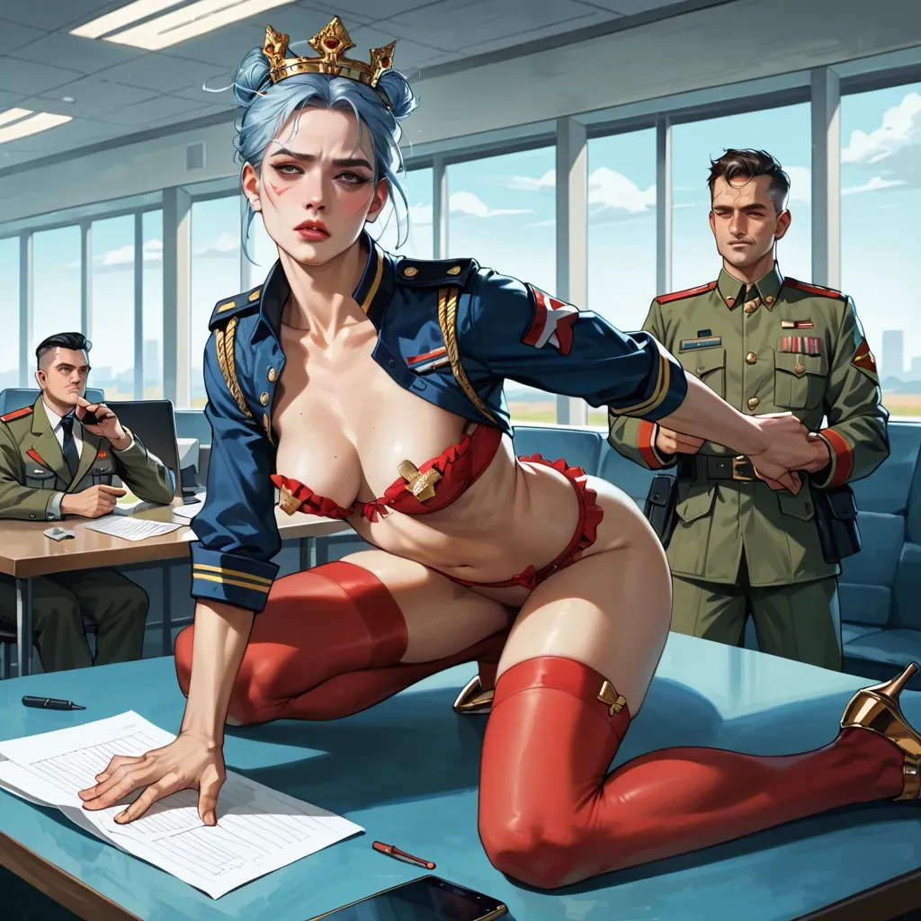 2girl, , , , cheek,hand focus,nipple sticker,men background,light blue skin, army uniform,red stockings,gold crown,frilled bra,ballet shoes, office boy, field, cyberpunk, phone exposure, realistic fur, dimples, zelda, wonder woman, ariel waifu