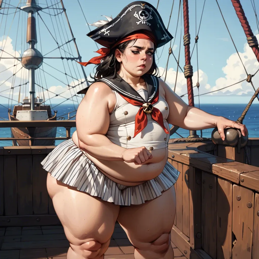 1girl,solo, , , , twitching,warm lighting,perky tits,pirate ship,standing males, eyelashes,fat obese arms,flat chest,round chest,knee-high, white skirt,striped skirt,sailor hat,mesh bodysuit,ballet shoes, sit on a couch, city, tavern, anna, ariel waifu