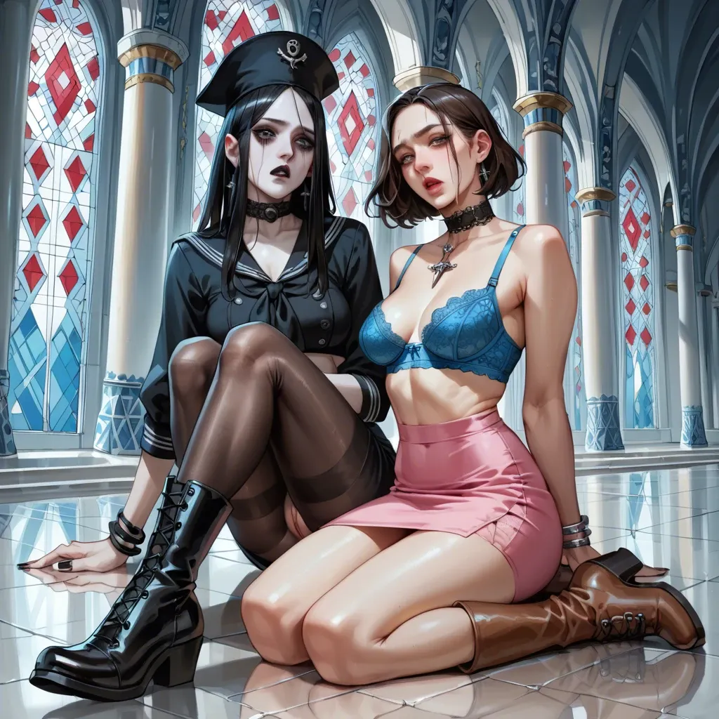 2girl, , , , asymmetry eyes,shiny clothes,saggy boobs,low waisted,pale skin, pencil skirt,ice palace,bracelets,blue bra,gothic boots, pink skirt,lace tights,sailor hat,lingerie,brown boots, palace bedroom, max caulfield, dungeon, in front of bed, illustration, sunlight, sweetie belle