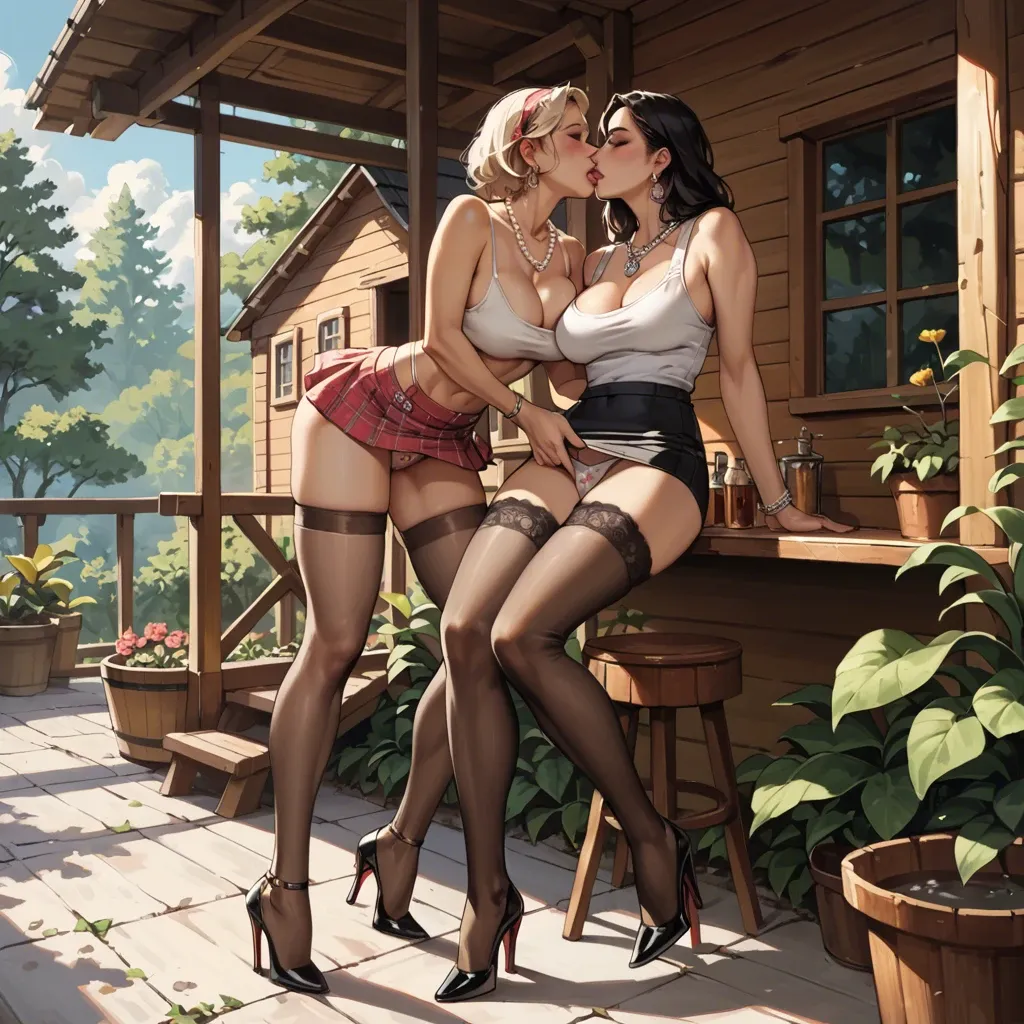 2girl, , , , nose piercings,thighhighs,round breasts,cabin,kissing neck, mini skirt,pearl necklace,no panties,print panties,high heels, white tank top,necklace,jewelry,hand on panties,stiletto heels, gardens, medieval theme, princess peach, disney princess, reinhardt