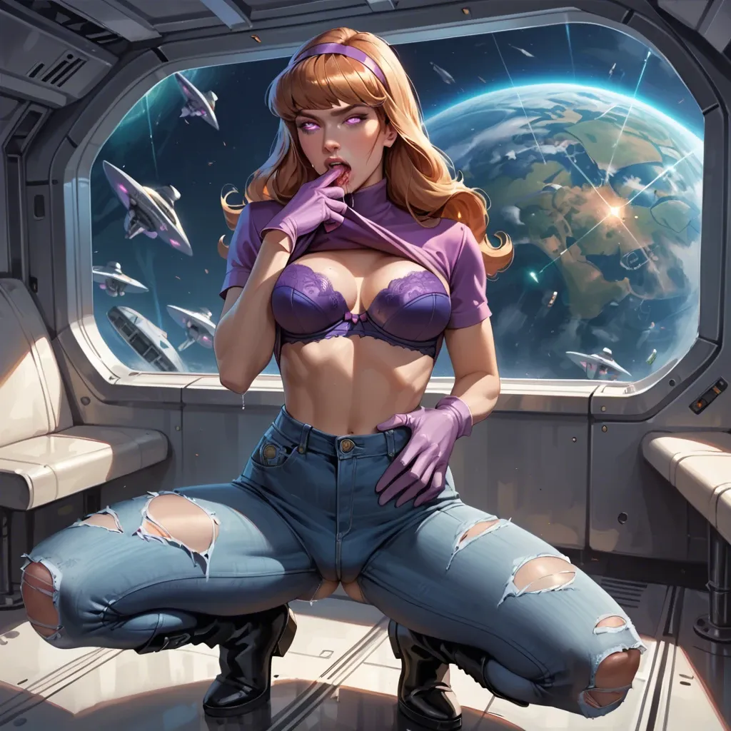 1girl,solo, , , , glowing eye,hand in mouth,big boobs,hands on waist,clenched, torn jeans,black stockings,saliva strings,bra lift,black boots, bedroom eyes, is daphne blake, spaceship, detailed hands, bright colors, zelda, spider-gwen