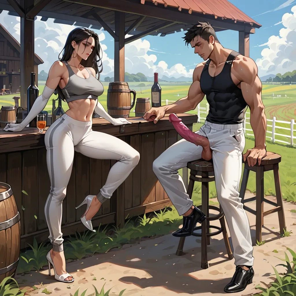 1girl,1boy, , , , eyeless,arm over head,perky breasts,thin waist,bare shoulder, white pants,leg warmers,elbow gloves,gray sports bra,stiletto heels, field, tavern, holding dildo, table, ultradetailed, dark lighting, wonder woman, waifu