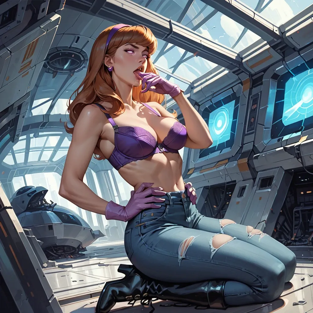 1girl,solo, , , , glowing eye,hand in mouth,big boobs,hands on waist,clenched, torn jeans,black stockings,saliva strings,bra lift,black boots, bedroom eyes, is daphne blake, spaceship, detailed hands, bright colors, zelda, spider-gwen