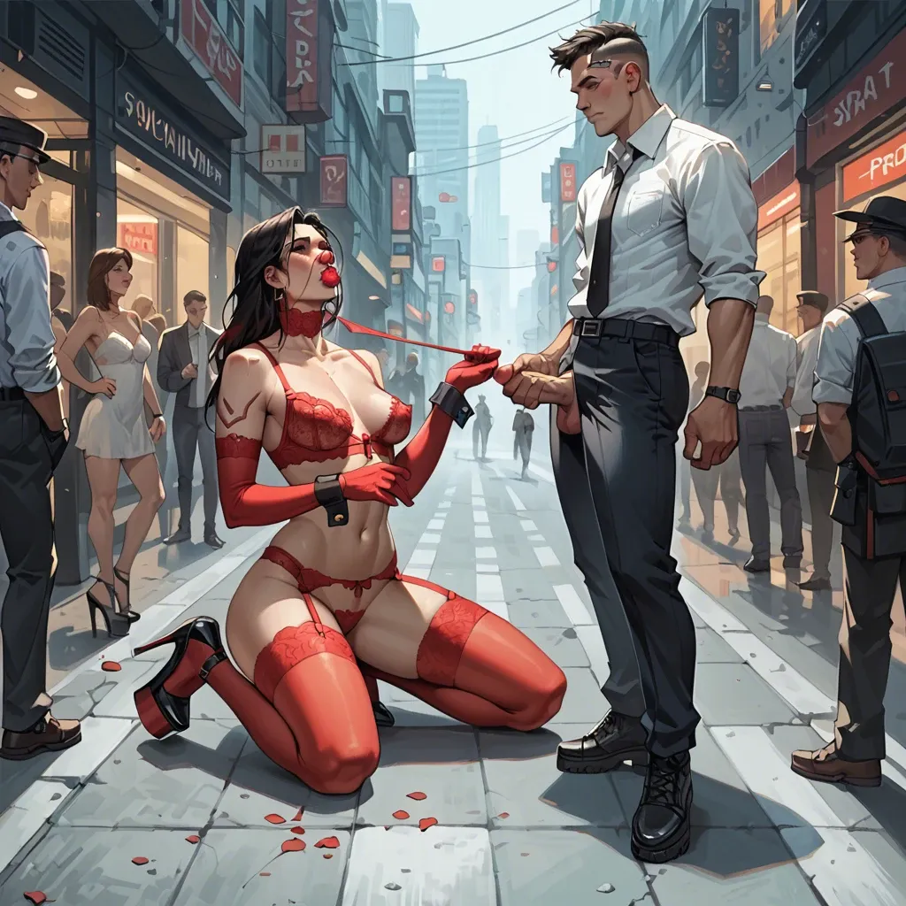 1girl,1boy, , , , bubble in nose,wrist cuffs,perky tits,thin waists,girl kneeling, blouse,red stockings,elbow gloves,lingerie,platform heels, bare arms, crowded street, cyberpunk, cyborg girl, detailed scales, night club, rapunzel waifu