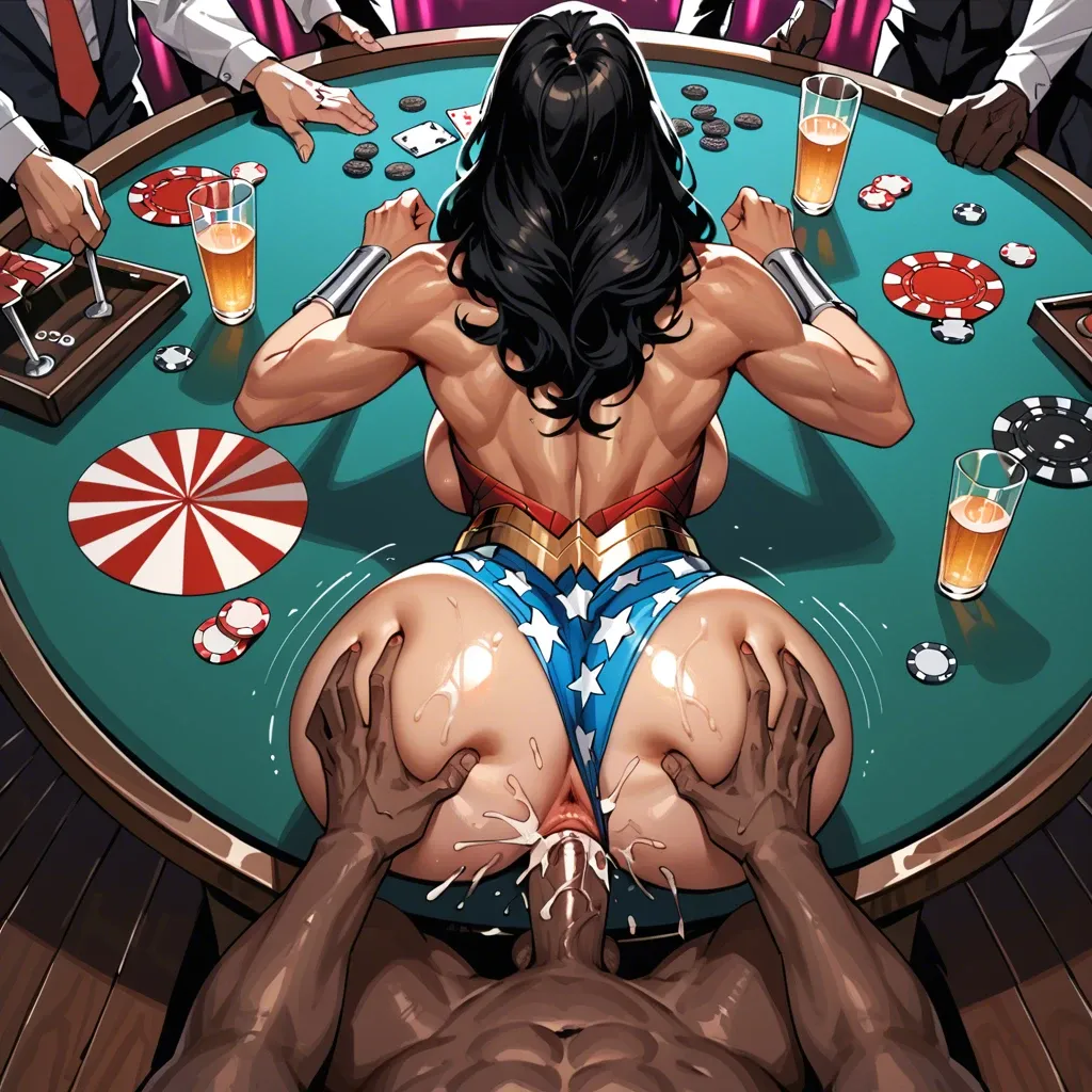 wonder woman ,perfect body, Full body , shaking , twerking, huge  rounded butt, high quality, nightclub , dark skinned male , male’s pov, at the gambling table