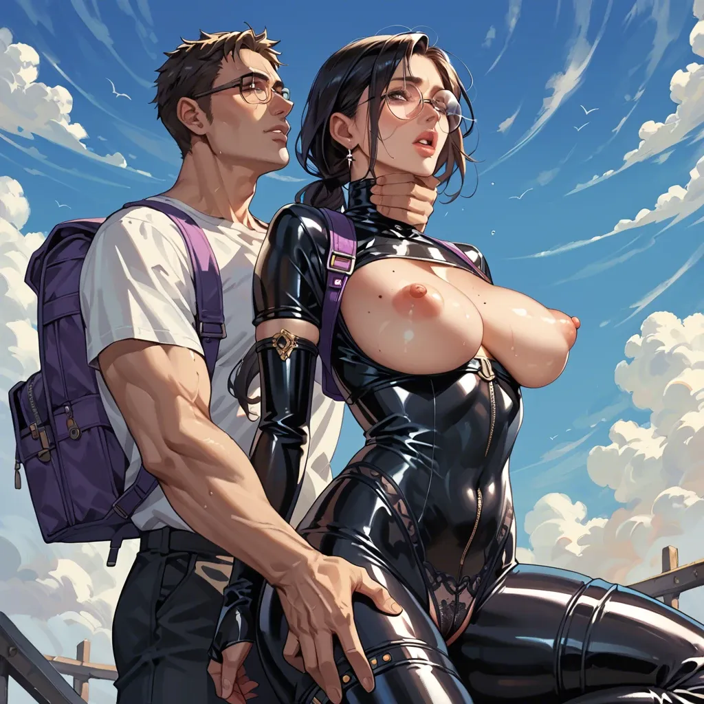 1girl,1boy, , , , mole on breast,shiny lips,round breasts,purple backpack,hold neck, spread cheeks,armlet,puffy nipples,sky above,shoulder, shirt,lace panties,round glasses,latex bodysuit,boots, cyberpunk, candid camera, link, ariel, rapunzel waifu