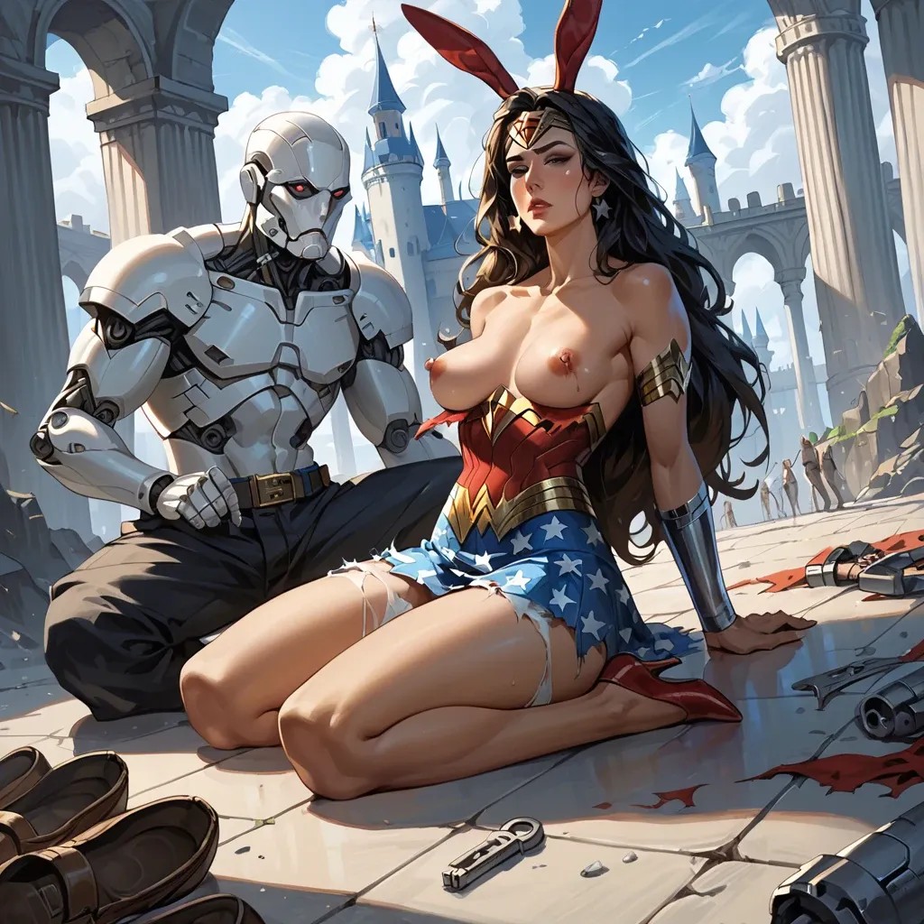 1girl,1boy, , , , watching,legs wide,nipple exposed,rabbit ears,bare shoulders, torn skirt,striped skirt,belt,lace thong,ballet shoes, bedroom eyes, restrained, castle exterior, cyborg, zelda sd, wonder woman, rapunzel waifu