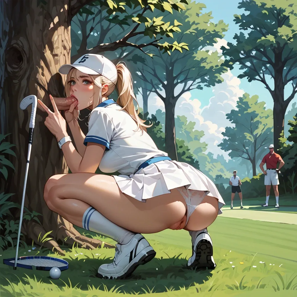 Golf outfit, outdoors, white skirt, behind a tree, pussy flash,cute panties, blowjob , squatting , facial , v sign,ass