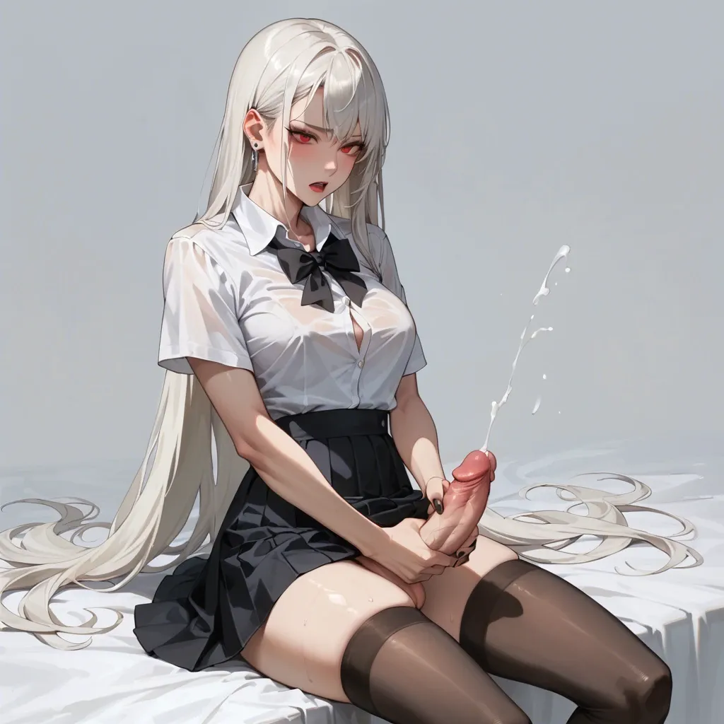 white hair red eyes black nails stockings skirt futa masturbate