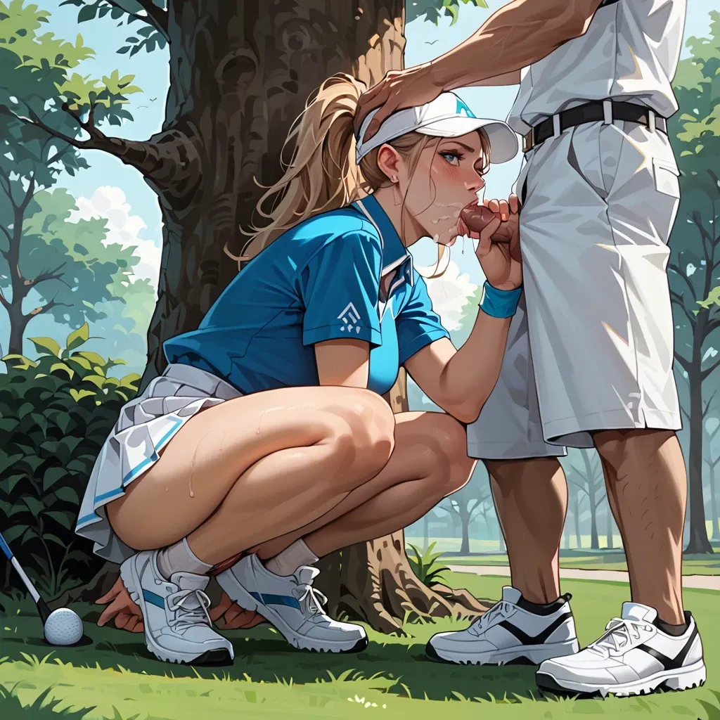 Golf outfit, outdoors, white skirt, behind a tree, pussy flash,cute panties, blowjob , squatting , facial , v sign