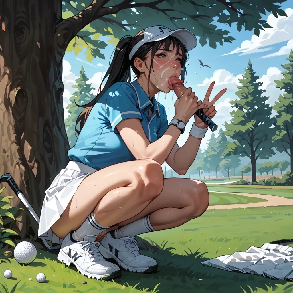 Golf outfit, outdoors, white skirt, behind a tree, pussy flash,cute panties, playing, blowjob , squatting , facial , v sign