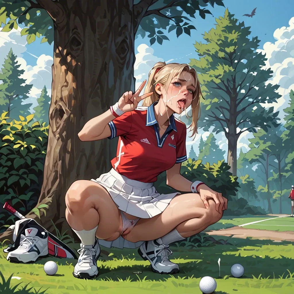 Golf outfit, outdoors, white skirt, behind a tree, pussy flash,cute panties, blowjob , squatting , facial , v sign