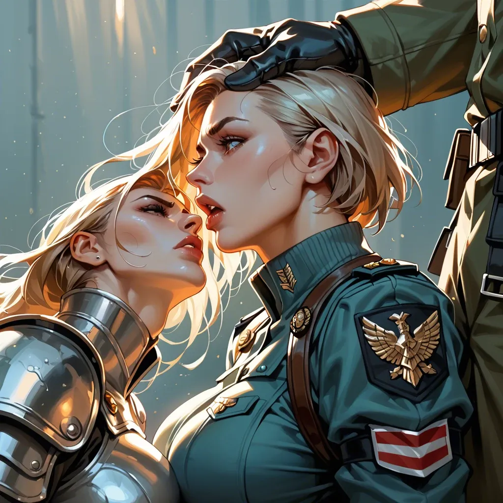 2girl, , , , open lips,in army uniform,large breasts,babe,neck, molesting,hand on head,big tits,backlighting,broad shoulders, cheek bulge,armored boots,hard nipple,look back,blue turtleneck, wedding dress,laced,bracelets,micro thong,white boots, street fighter, spaceship, lara croft, sweetie belle, hinata hyuuga