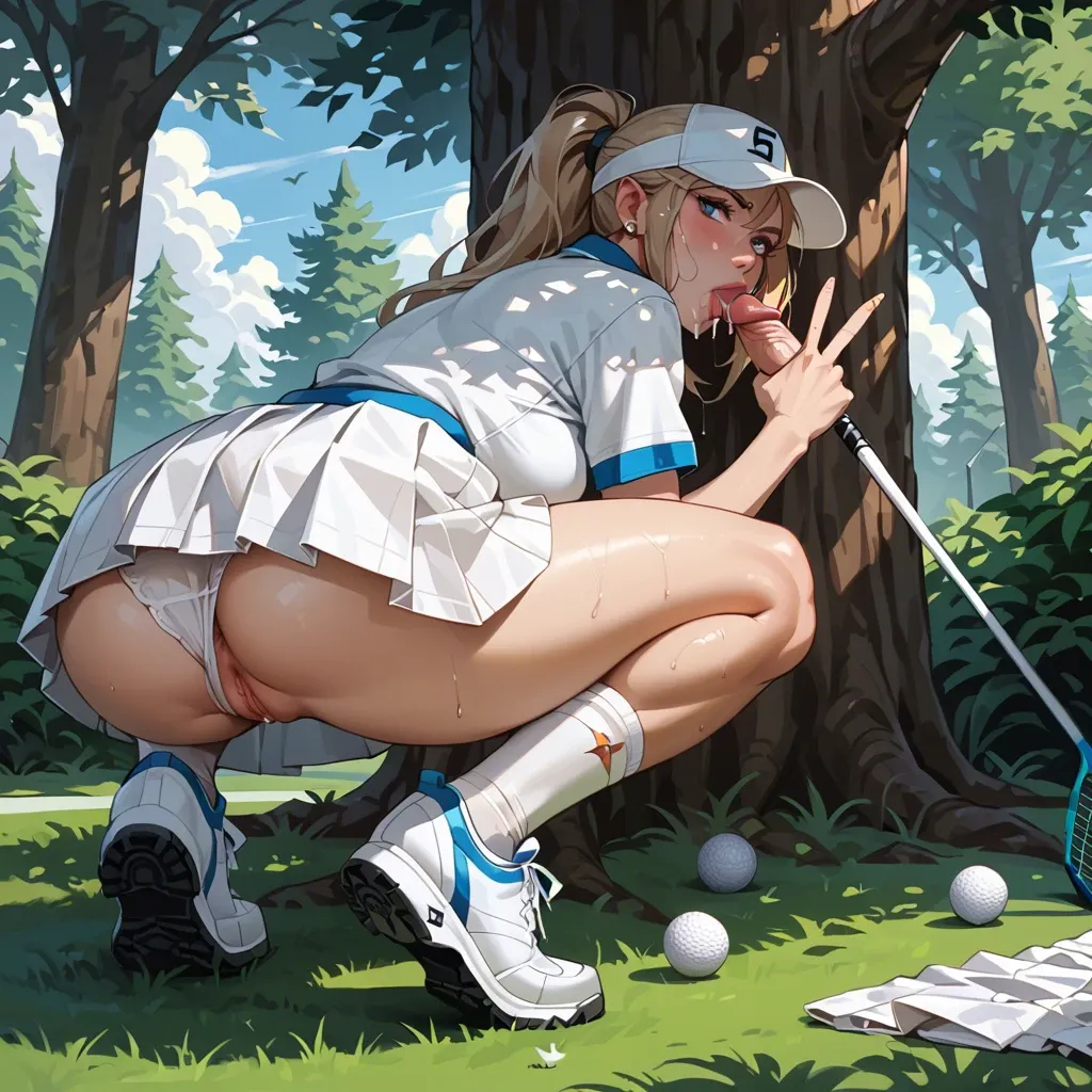 Golf outfit, outdoors, white skirt, behind a tree, pussy flash,cute panties, blowjob , squatting , facial , v sign,ass